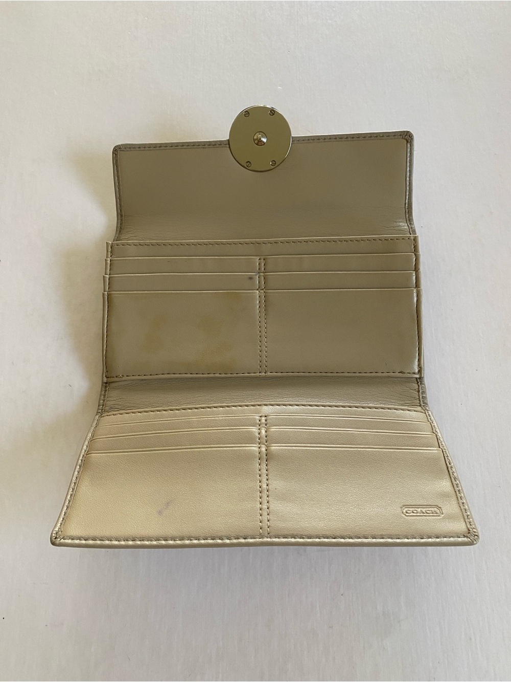 Coach Leather Trifold Clutch Wallet with Decorative Round Clasp - Taupe - Picture 2 of 5